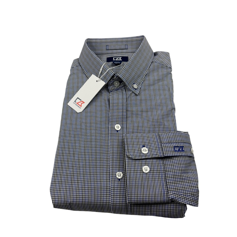Cutter & Buck Men Medium Long Sleeve Button Down Shirt Blue Gingham MCW00148 NWT